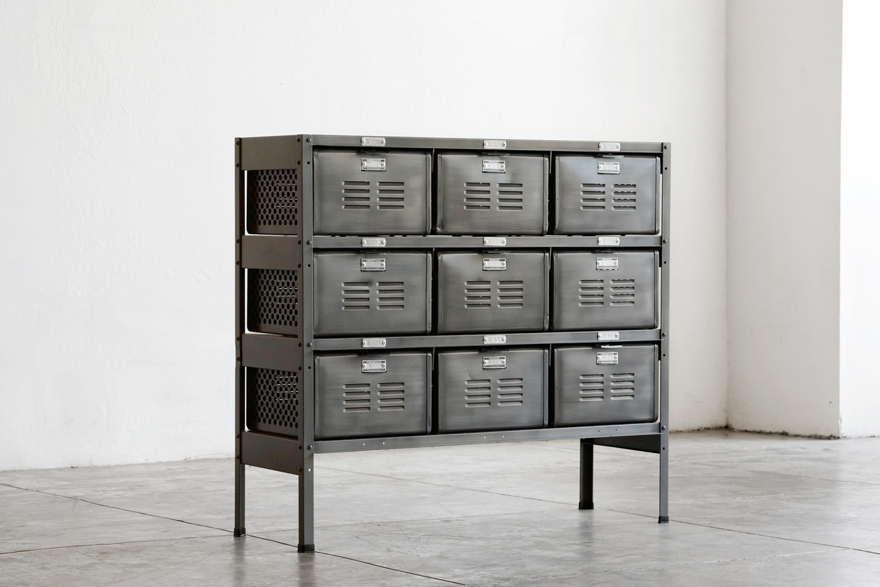 3 x 3 Vintage Locker Basket Unit in Monochrome Natural Steel - Rehab Vintage  Interiors