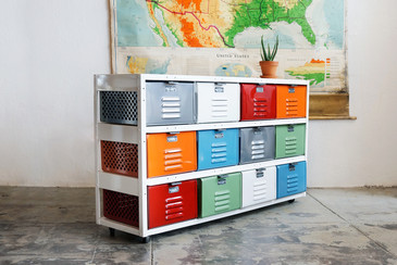 4 x 3 Vintage Locker Basket Unit, Multicolored with Casters