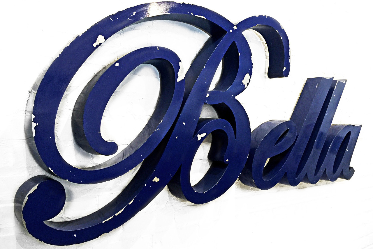 SOLD Vintage Aluminum "Bella" Sign in Script C. 1950 Rehab Vintage