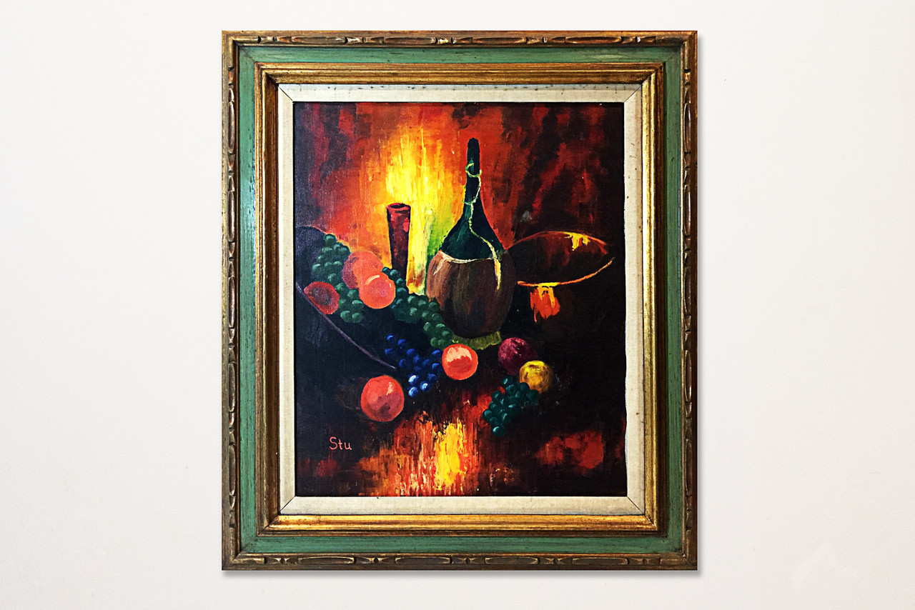 Still Life Oil Painting Of Wine Fruit By Stu 1970s Free Shipping