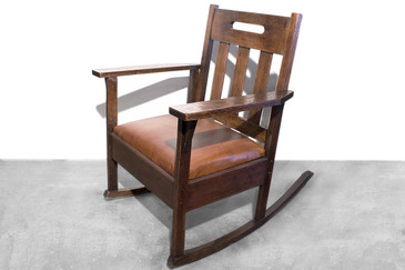 SOLD - Stickley Style Rocking Chair with Brown Leather, circa 1925