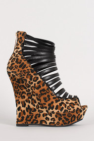 Leopard Faux Suede Cage Peep Toe Wedge