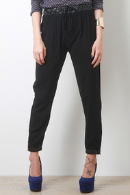 Leatherette Trim Drawstring Pants