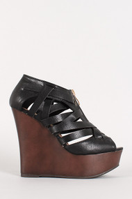 Woven Front Zip Peep Toe Wedge