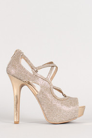 Metallic Glitter Strappy Platform Open Toe Heel
