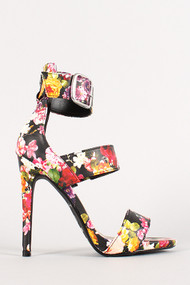 Floral Triple Strap Open Toe Heel