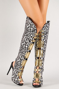 Two-Tone Studded Metallic Plate Open Toe Knee High Boot