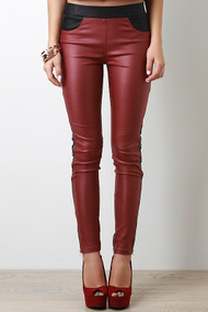 Zippered Two Tone Leatherette Pants