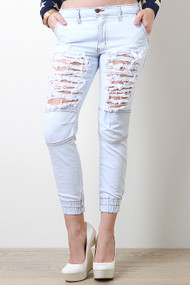 Distress Denim Jogger Pants