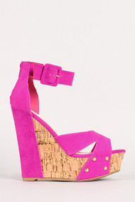 Bamboo Eliza-39 Buckled Open Toe Cork Platform Wedge