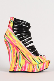 Multicolor Fabric Cage Peep Toe Wedge