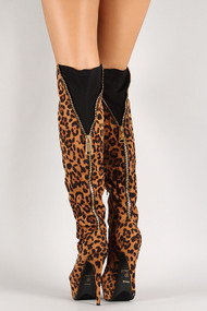 Leopard Back Zipper Thigh High Platform Boot