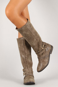 Layered Straps Pull On Knee High Riding Boot