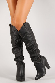 Leatherette Slouchy Chunky Heel Knee High Boot
