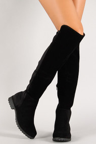 Mixed Media Round Toe Thigh High Boot