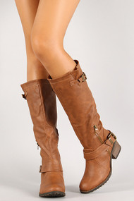Qupid Pompeo-13 Buckle Round Toe Knee High Riding Boot