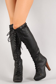 Qupid Puffin-74 Lace Up Knee High Platform Boot