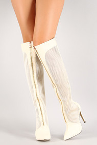 Mesh Zip Up Pointy Toe Knee High Boot