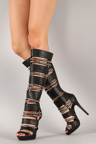 Liliana Lenora-24 Strappy Chain Stiletto Knee High Boot