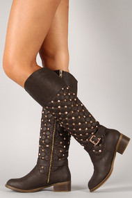 Quilted Pyramid Stud Riding Knee High Boot