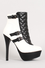 Two Tone Quilted Buckle Ankle Bootie