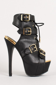 Liliana Lenny-1 Buckle Lace Up Cut Out Bootie