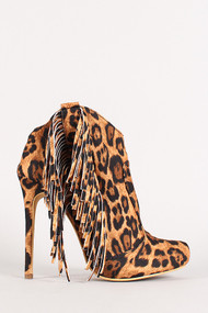 Leopard Fringe Almond Toe Ankle Booties