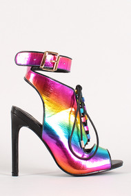 Multicolor Lace Up Ankle Strap Peep Toe Bootie