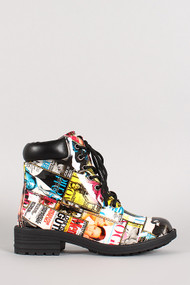 Multicolor Magazine Print Patent Work Boot