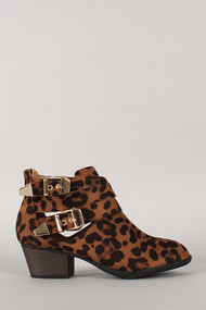 Wild Diva Lounge Audrey-03 Leopard Buckle Cut Out Ankle Bootie