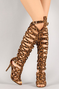 Leopard Strappy Studded Gladiator Knee High Heel
