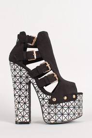 Metallic Geometric Buckled Open Toe Platform Heel