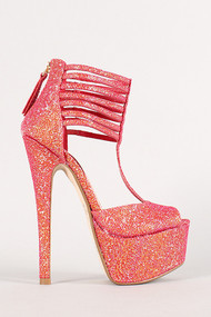 Anne Michelle Turnup-09 Strappy Iridescent Textured Peep Toe Platform Heel