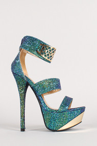 Iridescent Metallic Embellished Open Toe Platform Heel
