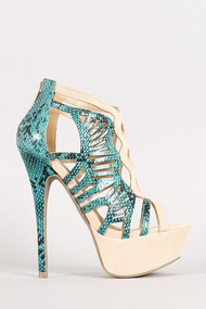 Tori Two Tone Snake Cut Out Open Toe Platform Heel
