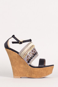 Decorated Band Mixed Media Open Toe Platform Wedge