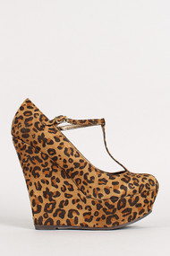 Leopard Round Toe Buckled Round Toe Platform Wedge