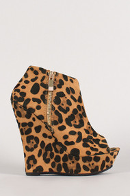 Leopard Side Zip Peep Toe Wedge