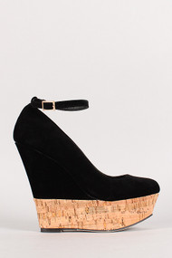 Ankle Strap Round Toe Cork Platform Wedge