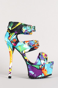 Multicolor Triple Buckle Open Toe Platform Heel