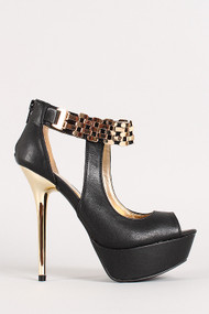 Metallic Accent Cut Out Peep Toe Platform Heel