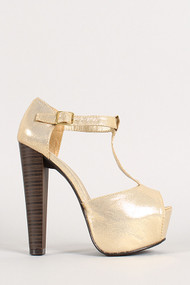 Metallic T-Strap Peep Toe Platform Heel