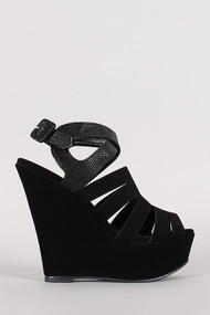 Qupid Finder-292 Mixed Media Strappy Platform Wedge