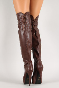 Lace Up Back Collar Stiletto Thigh High Boot