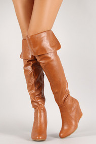 Leatherette Folded Thigh High Wedge Boot