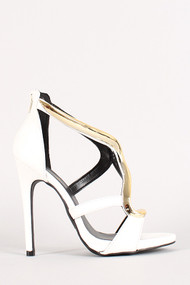 Leatherette Curved Metallic Plate Strappy Open Toe Heel