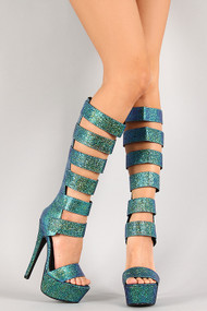 Anne Michelle Turnup-10A Iridescent Strappy Open Toe Knee High Heel