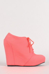 Neon Lace Up Platform Wedge Bootie