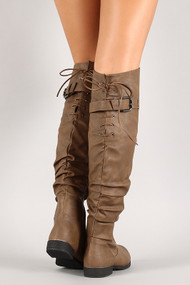 Lace Up Buckled Back Collar Slouchy Thigh High Boot