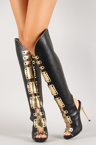 Studded Metallic Plate Open Toe Knee High Boot